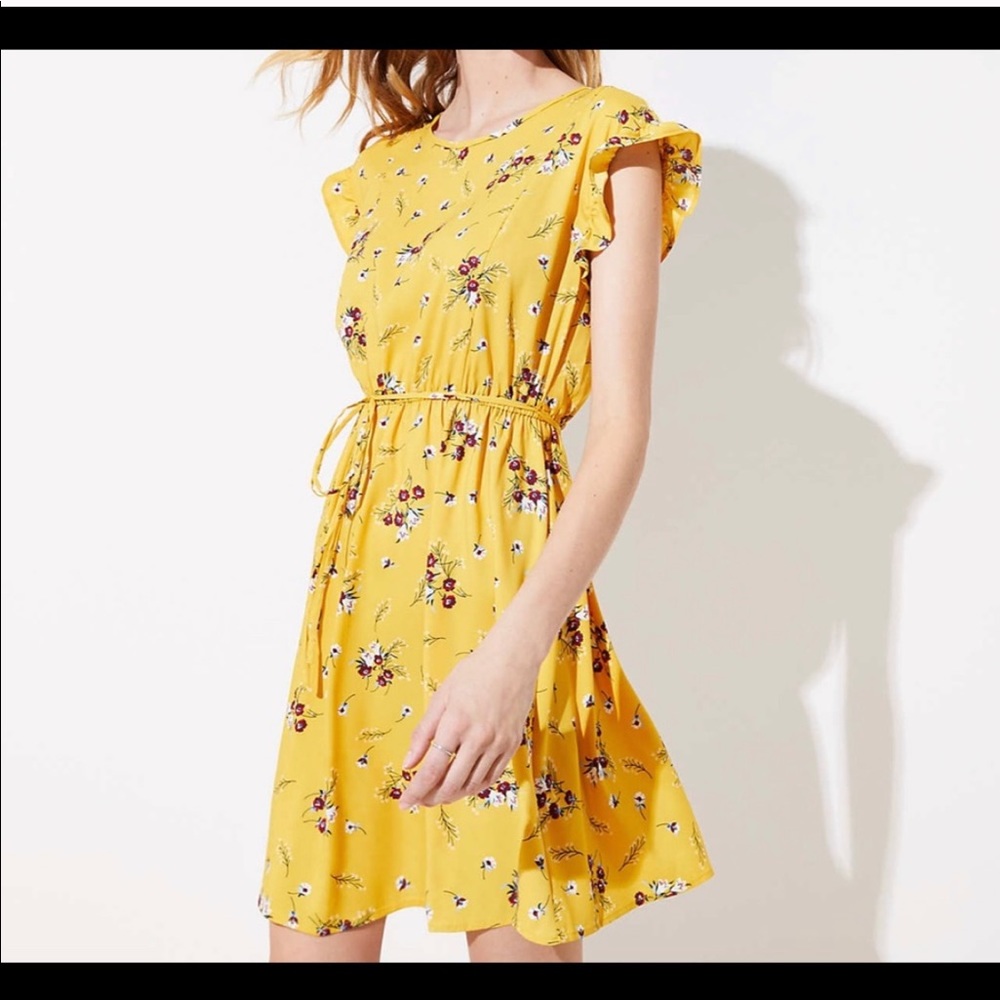 LOFT Yellow Floral Print Tie Waist Dress - Size S